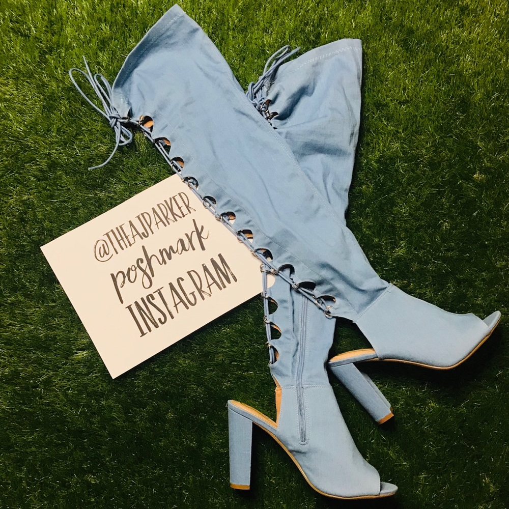 Light Blue Denim Lace Up Thigh High 9